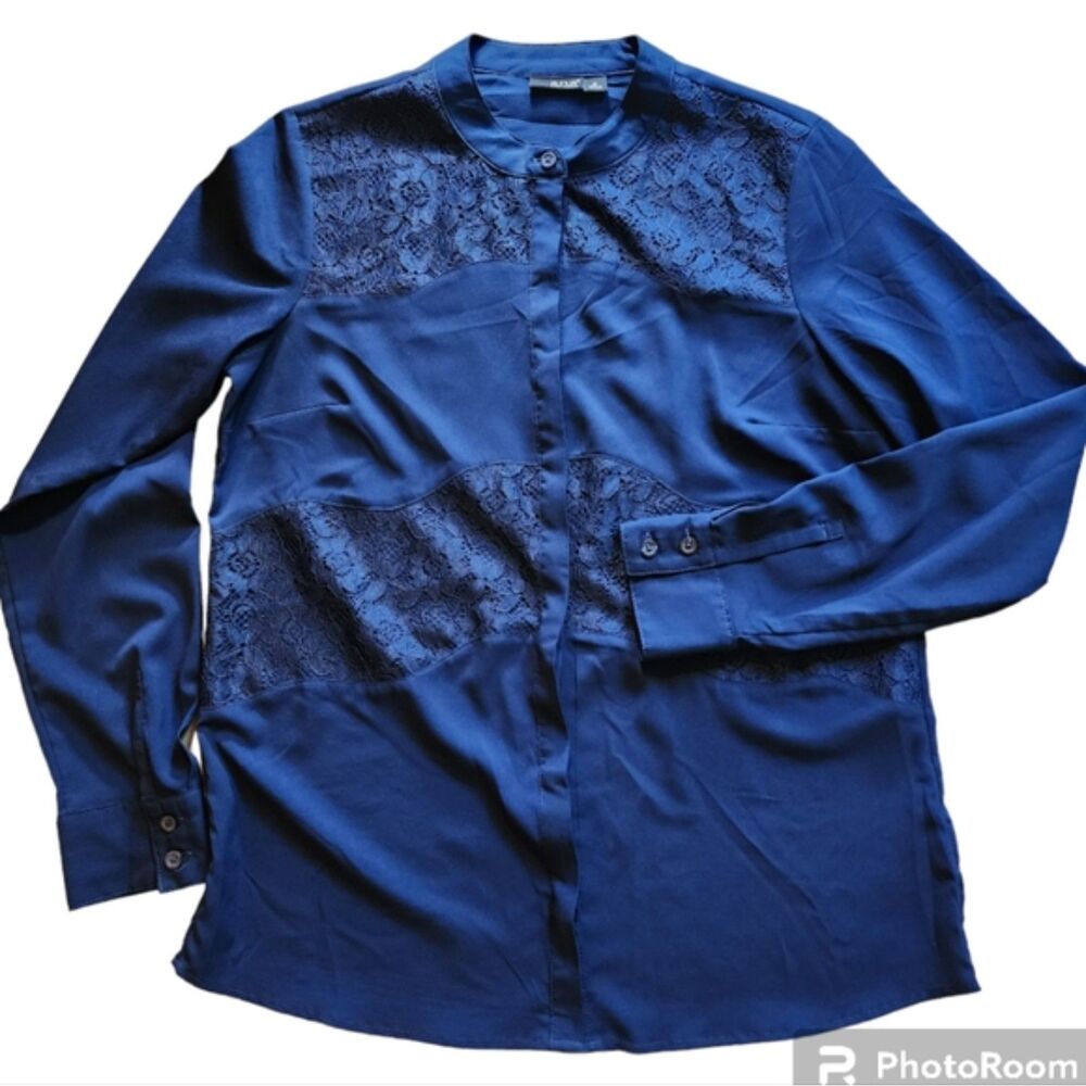 a.n.a. Women’s Long Sleeve Royal Blue Blouse With Lace Detail